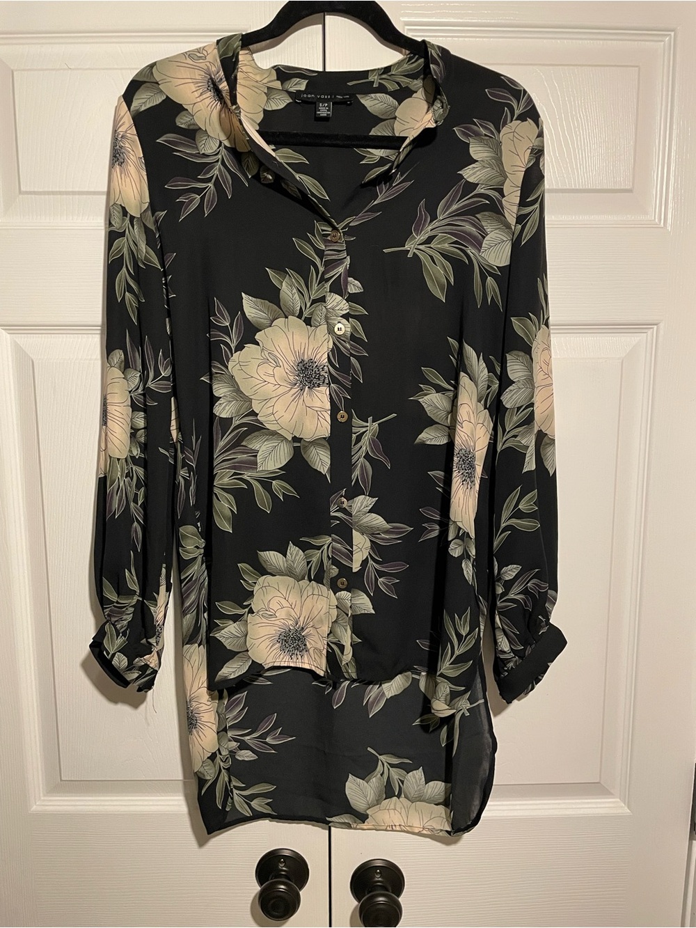 Joan Vass Black Floral Long-Sleeve Shirt Dress